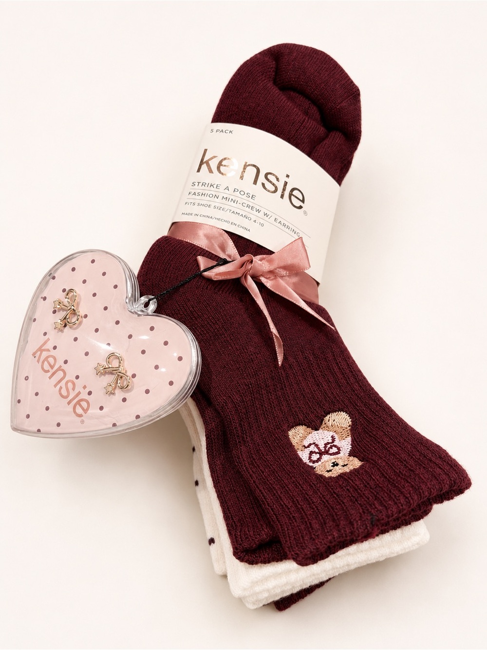 Kensie Maroon & Cream Kids Crew Socks with Bear Embroidery - 3 Pack